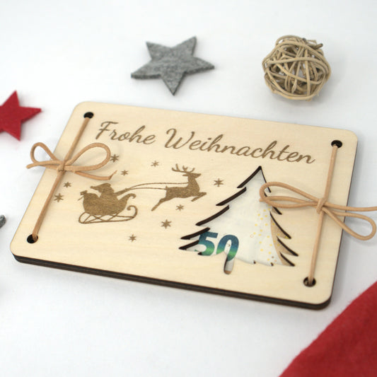 Geldgeschenk Weihnachten aus Holz mit Gravur und Deko