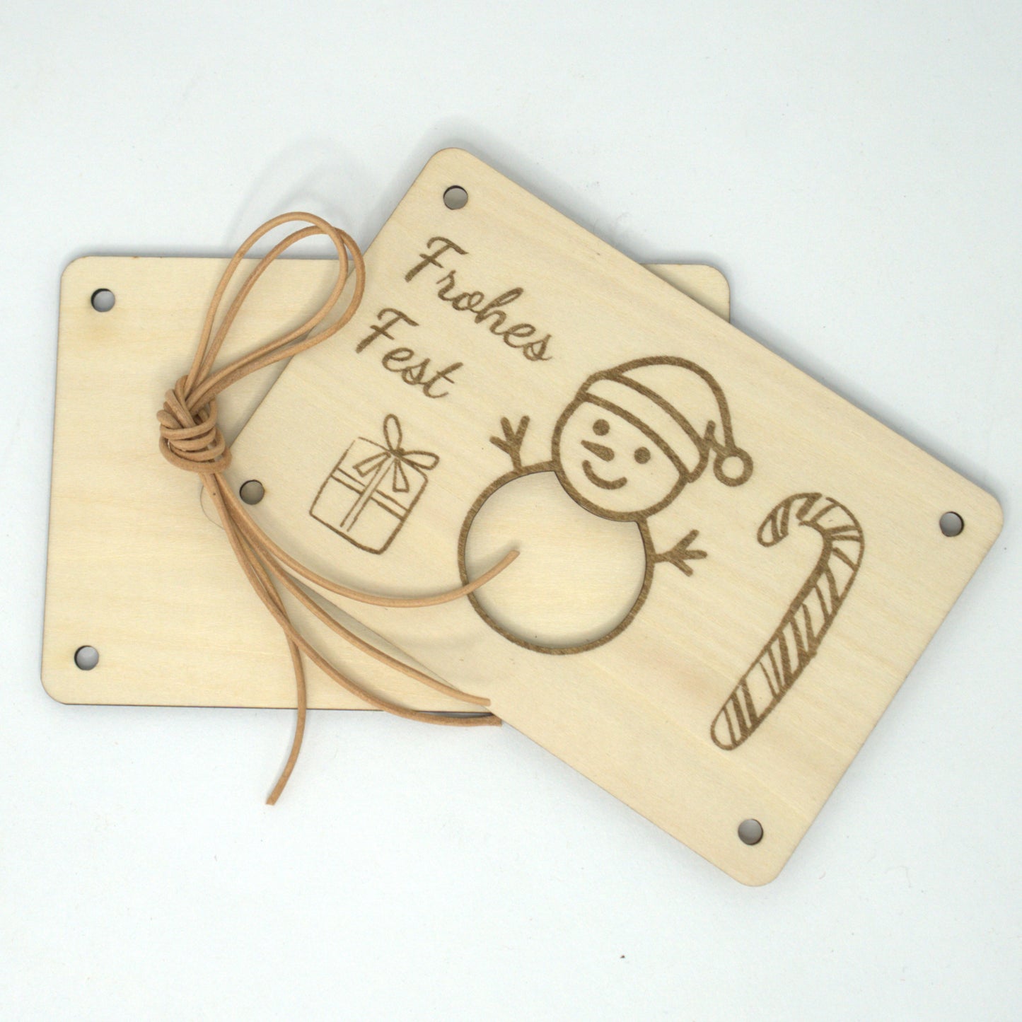 Holzkarte Frohes Fest mit Schneemann, Zuckerstange und Geldscheinfach