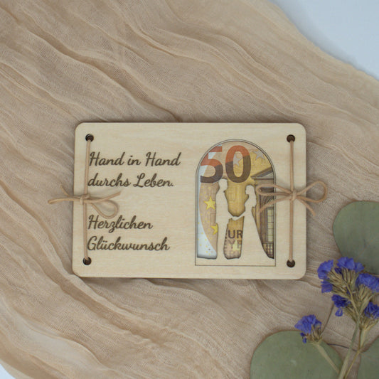 Holzkarte Hochzeit mit Sichtfenster für Geldschein und Gravur