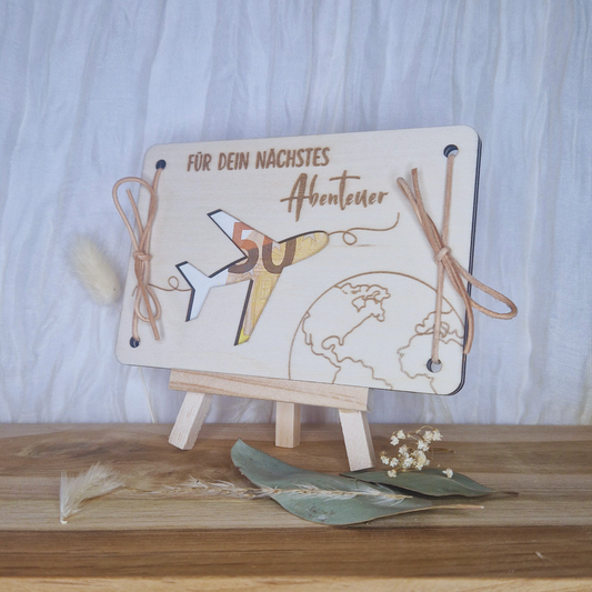 Geldgeschenk Reise – Geschenkverpackung Holz Flugzeug Weltkarte