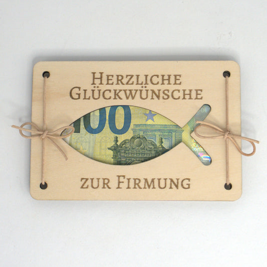 Geldgeschenk zur Firmung aus Holz mit Fischmotiv und Sichtfenster für Geldschein