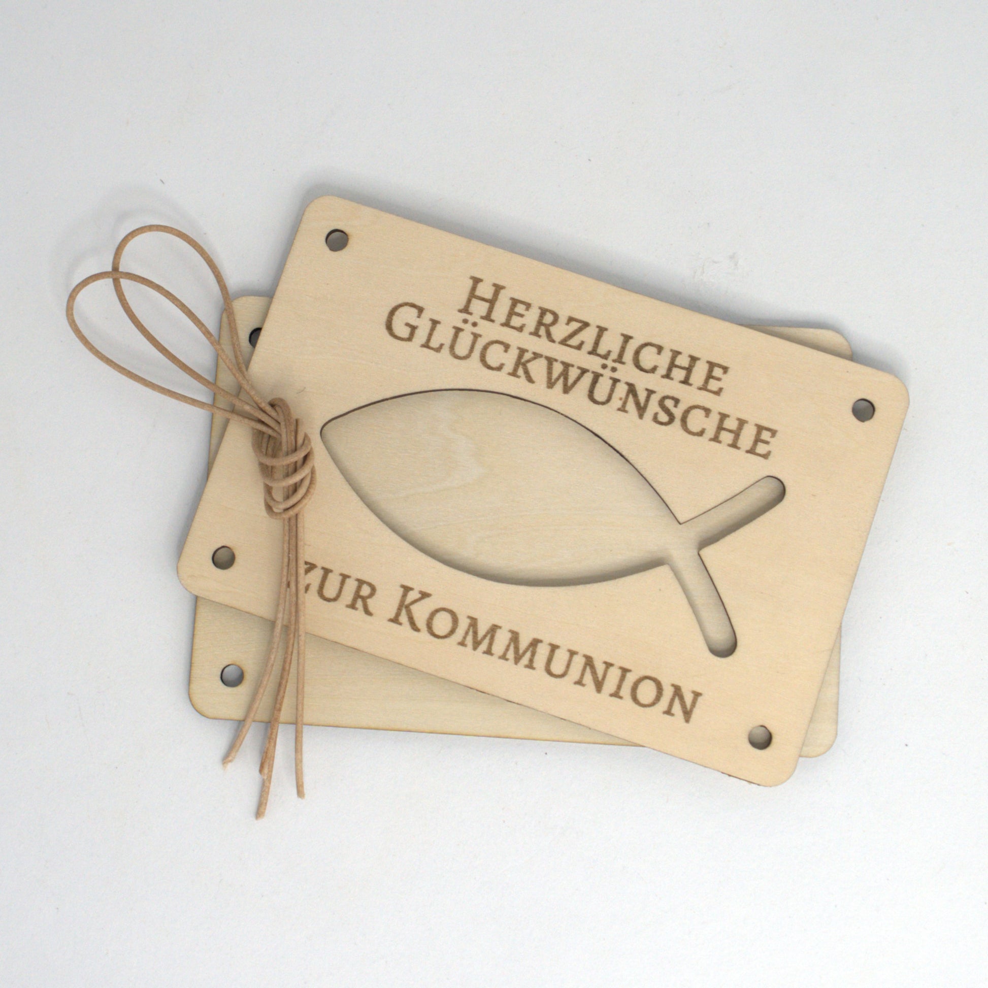 Geldgeschenk Erstkommunion Holzkarte Fischmotiv mit Bändern