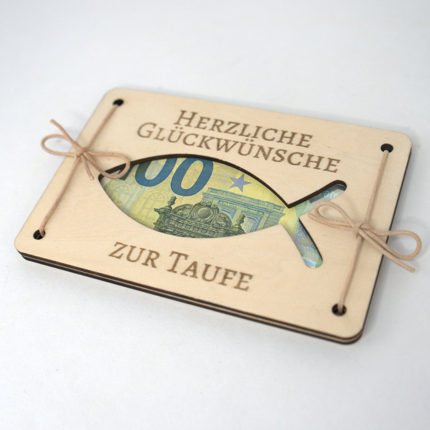 Holz Geldgeschenk Taufe mit Gravur Herzliche Glückwünsche zur Taufe