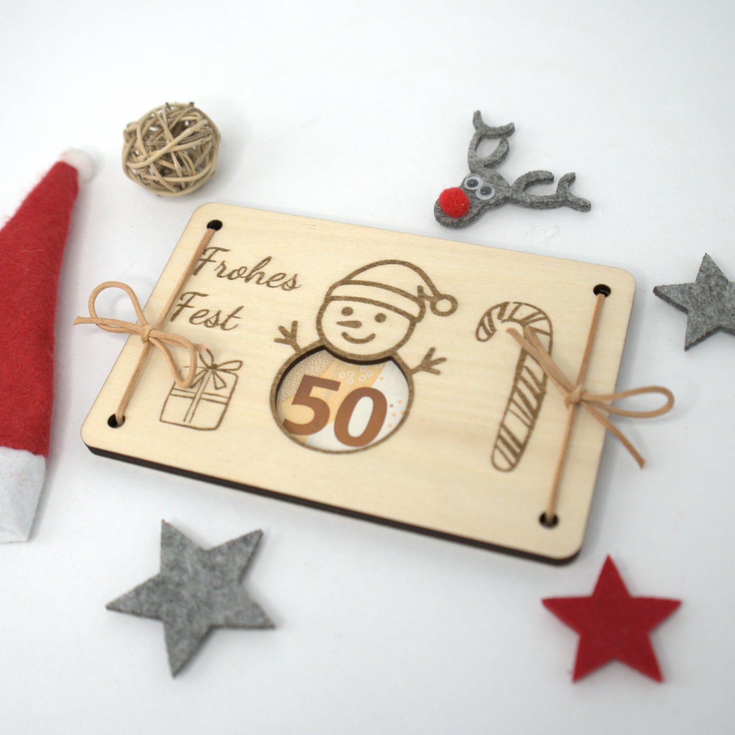 Holzkarte Geldgeschenk Frohes Fest mit Schneemann und eingelegtem Geldschein