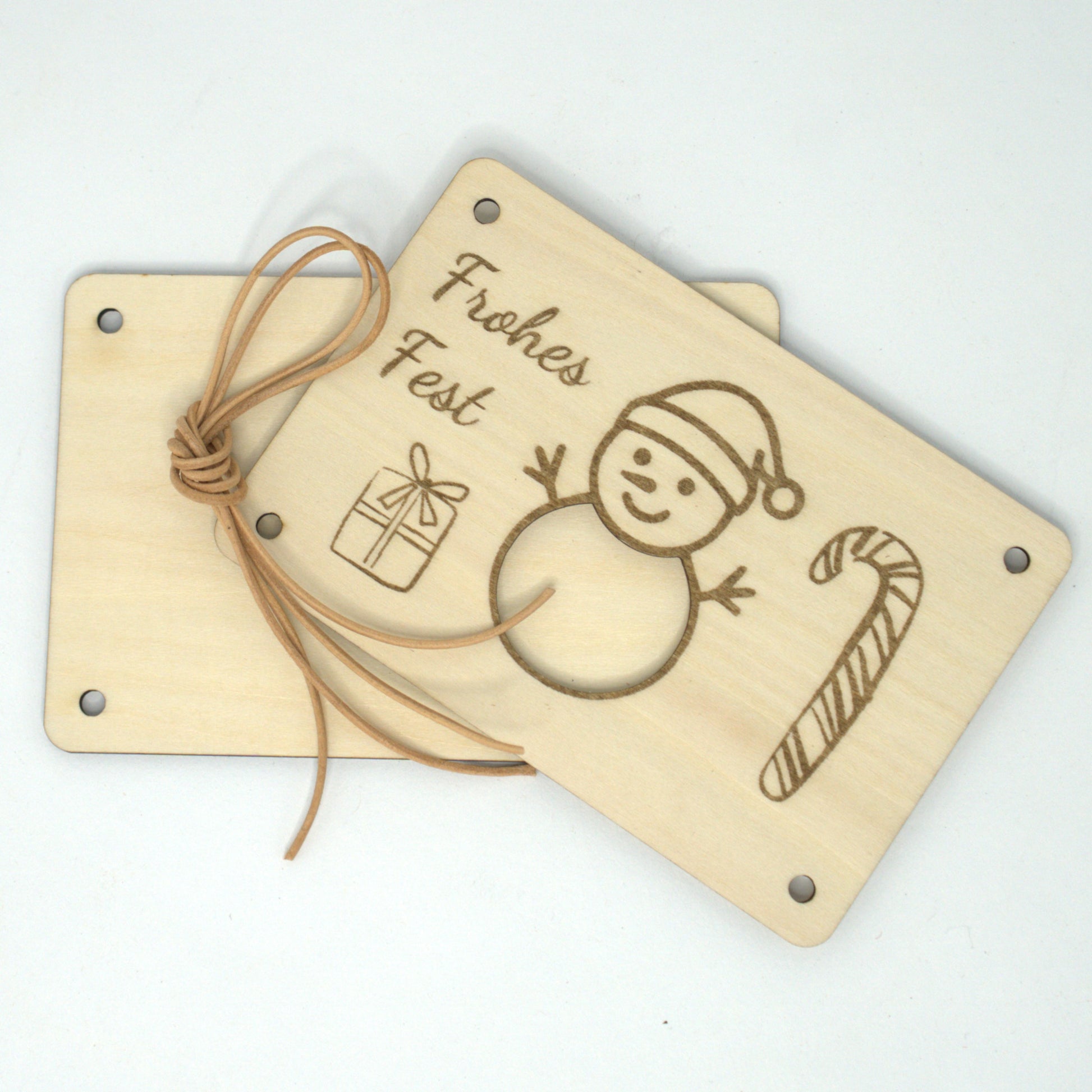 Holzkarte Frohes Fest mit Schneemann, Zuckerstange und Geldscheinfach