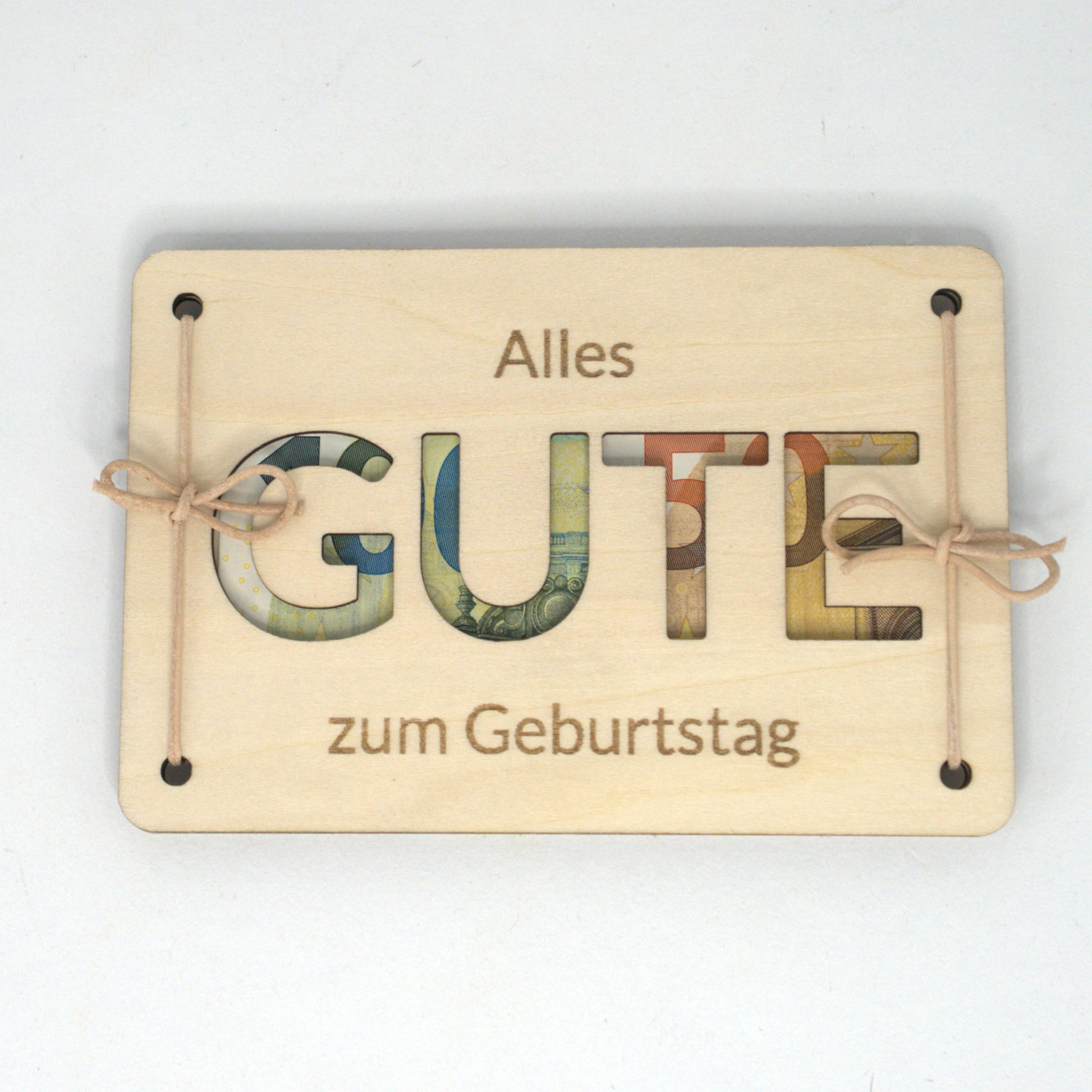 Geldgeschenk zum Geburtstag aus Holz mit Schriftzug Alles GUTE