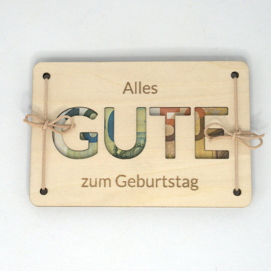 Geldgeschenk zum Geburtstag aus Holz mit Schriftzug Alles GUTE