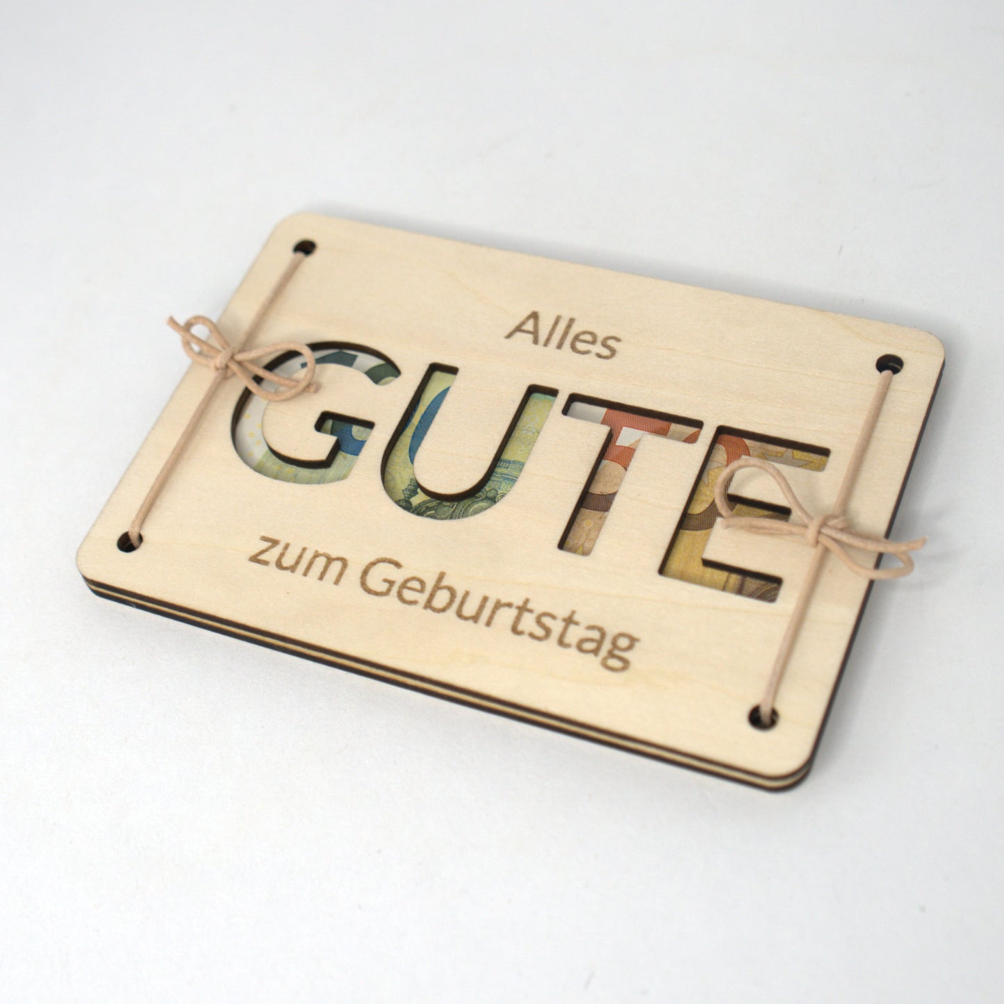 Geldgeschenk Geburtstag Holzkarte mit Sichtfenster GUTE