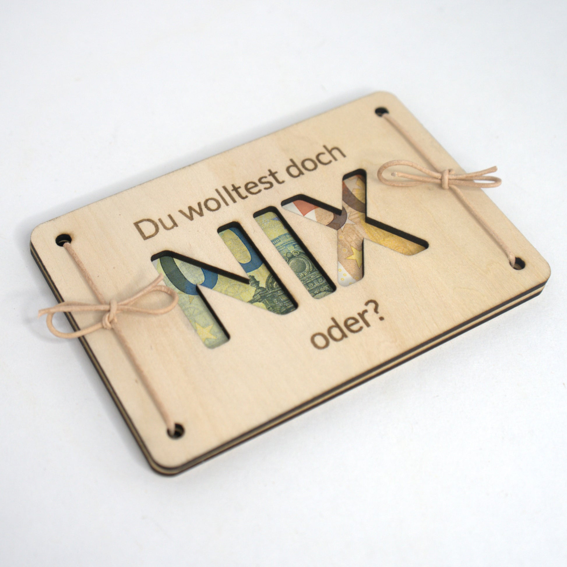 Humorvolle Geldgeschenk Verpackung Holz NIX Sichtfenster