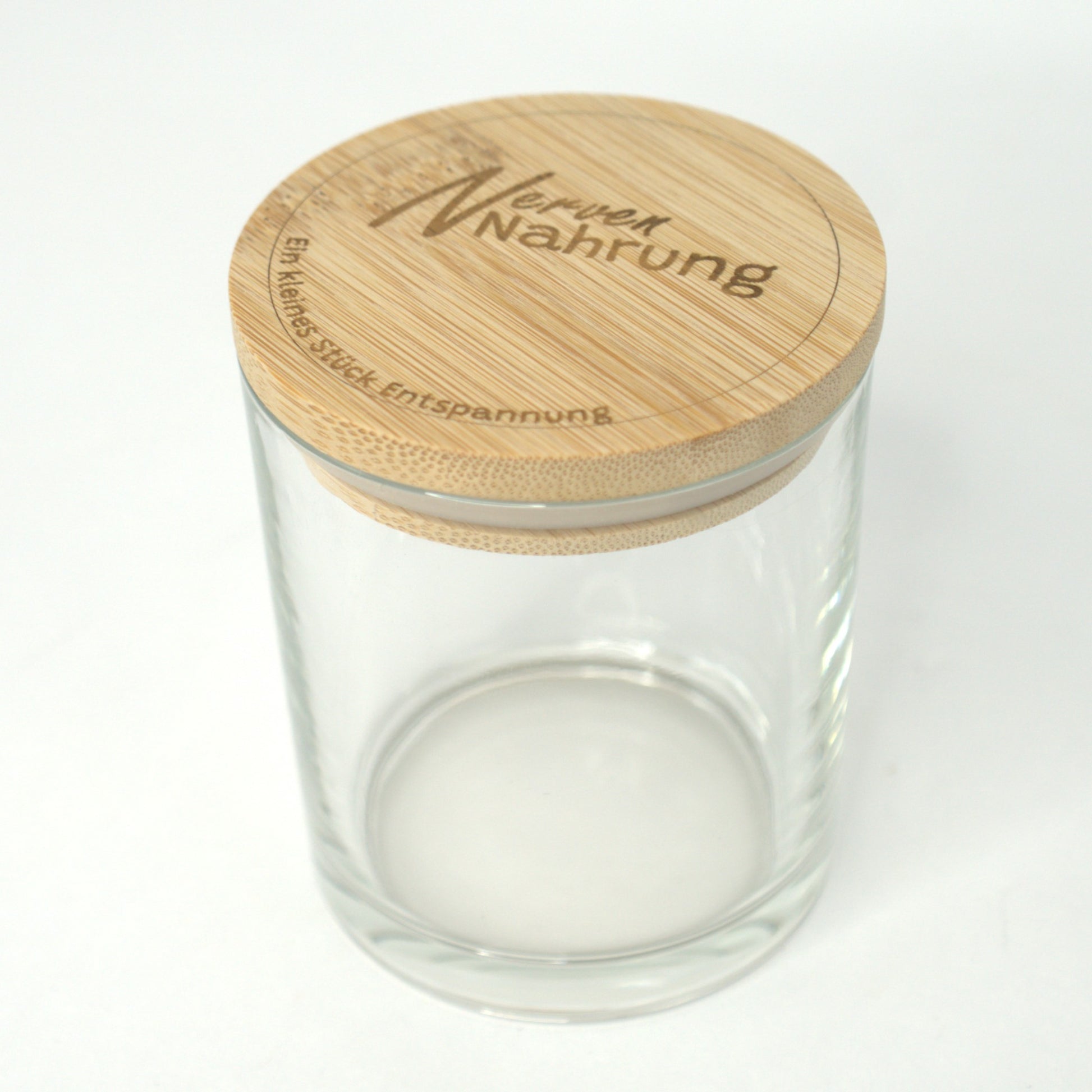 Vorratsglas mit Bambusdeckel und Gravur Nervennahrung als Geschenk