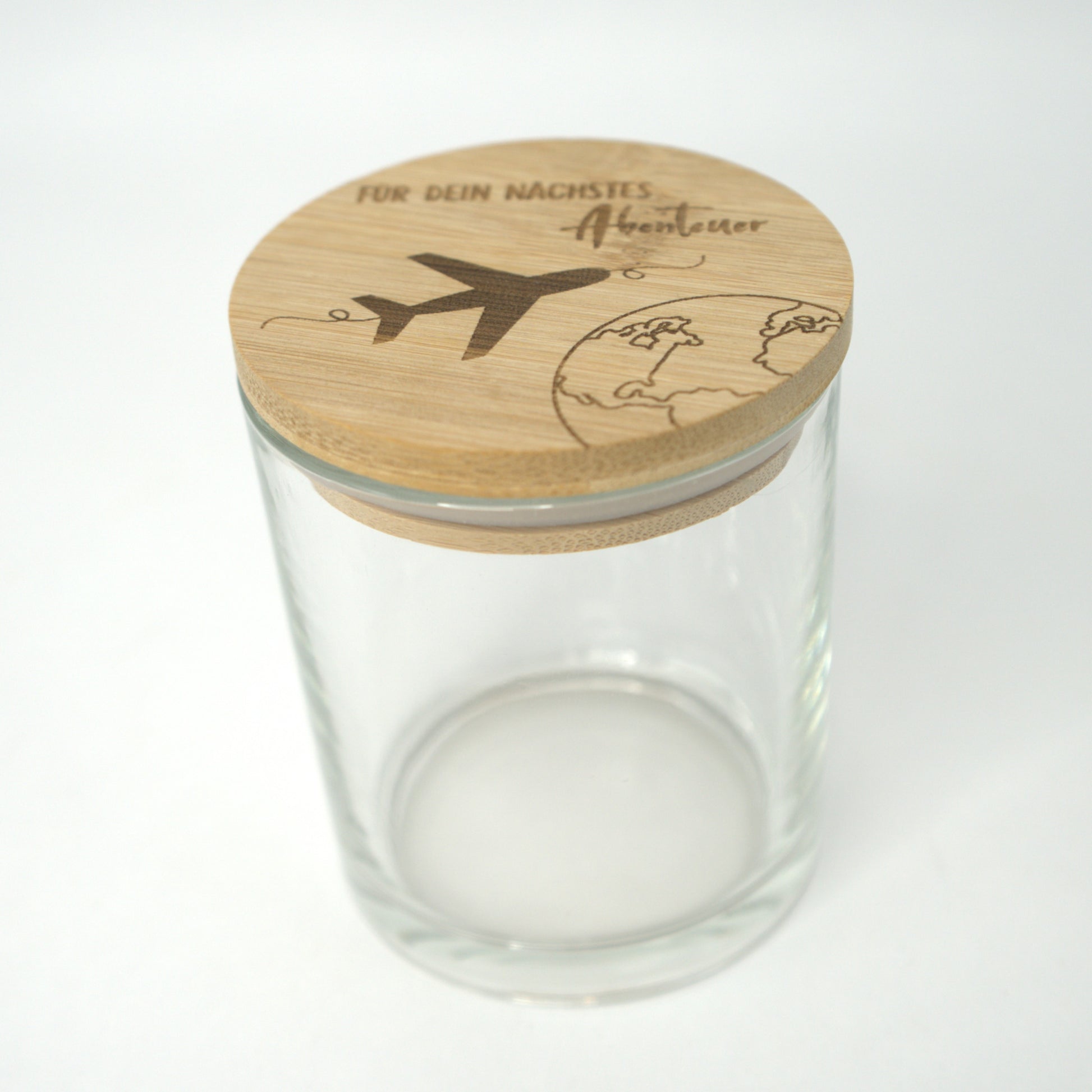 Geschenkglas mit graviertem Deckel – Reise-Motiv und Weltkarte