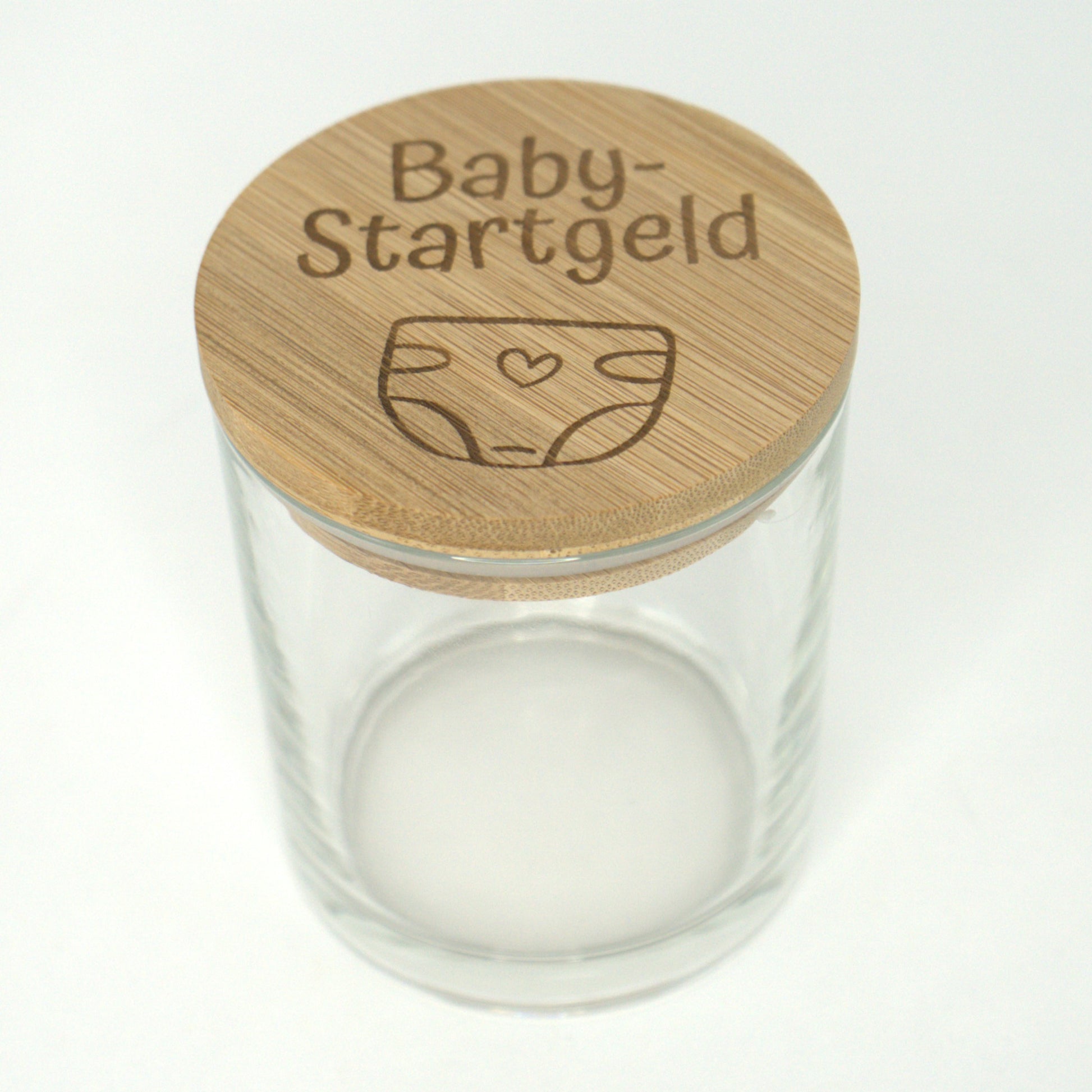 Vorratsglas aus Glas mit Baby-Startgeld Bambusdeckel – frontal fotografiert