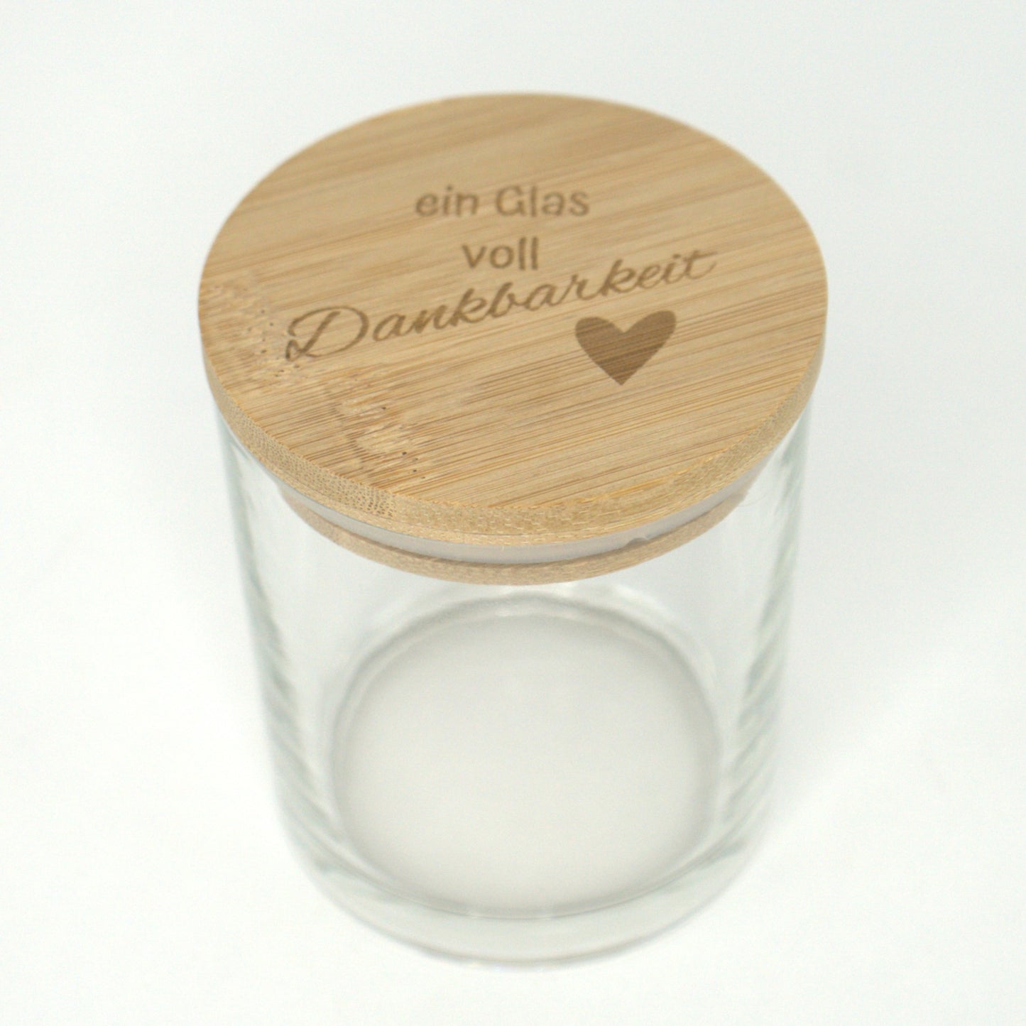 Leeres Kerzenglas 300 ml mit graviertem Bambusdeckel – Dankbarkeit Motiv