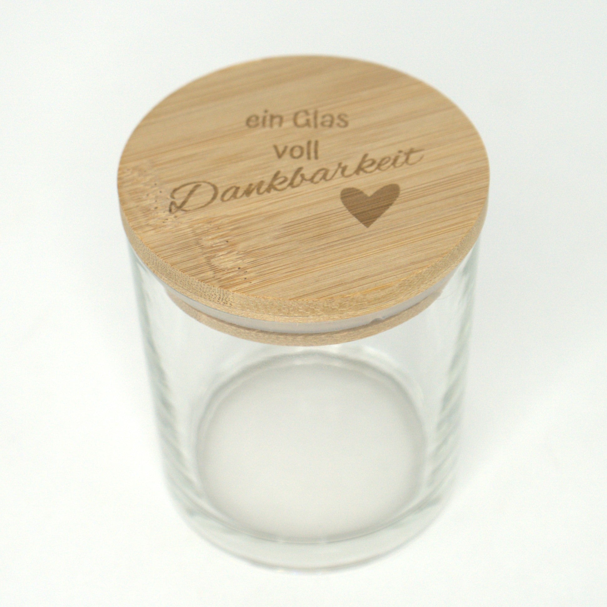 Leeres Kerzenglas 300 ml mit graviertem Bambusdeckel – Dankbarkeit Motiv