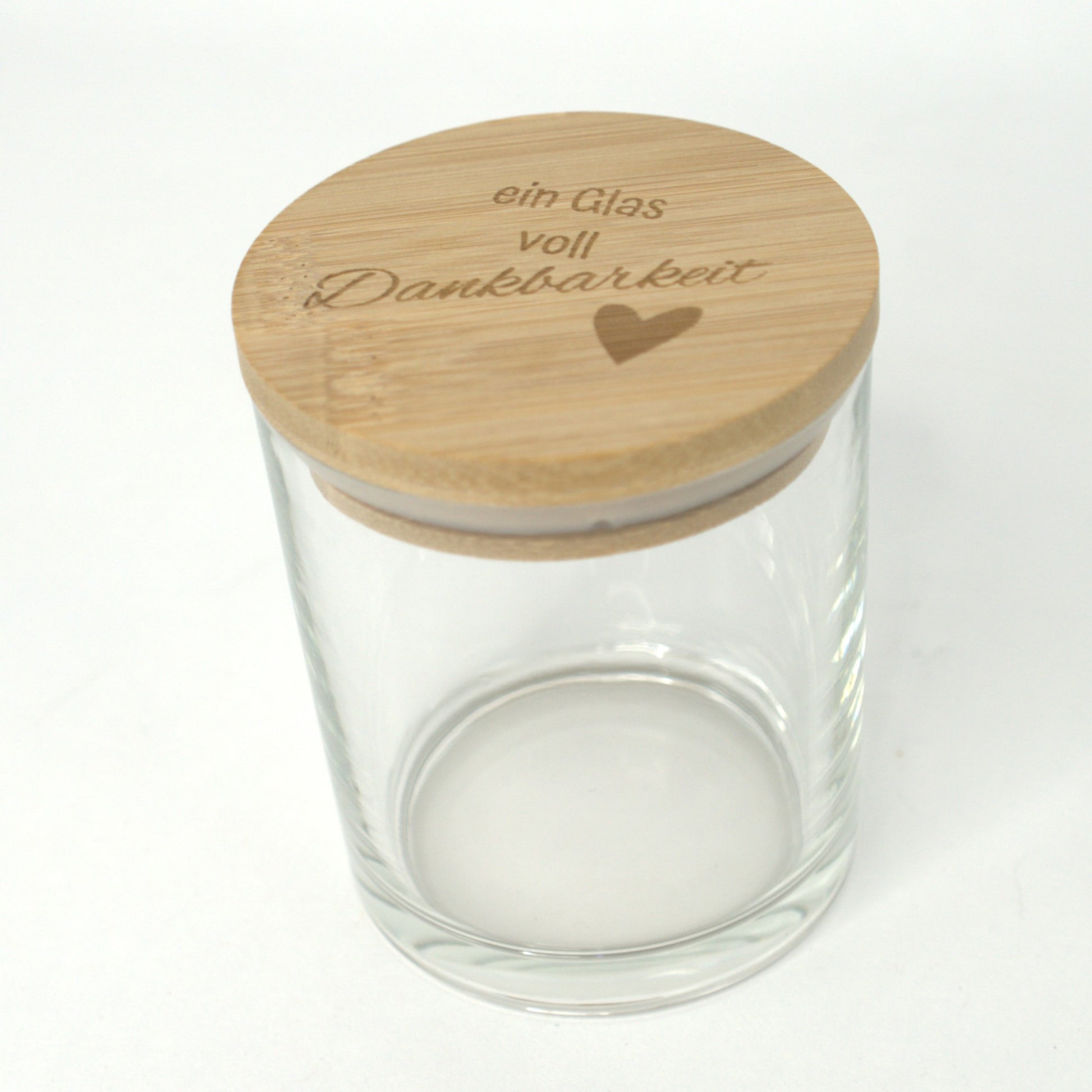 Glas mit 300 ml Volumen und graviertem Bambusdeckel, Geschenkidee Dankbarkeit