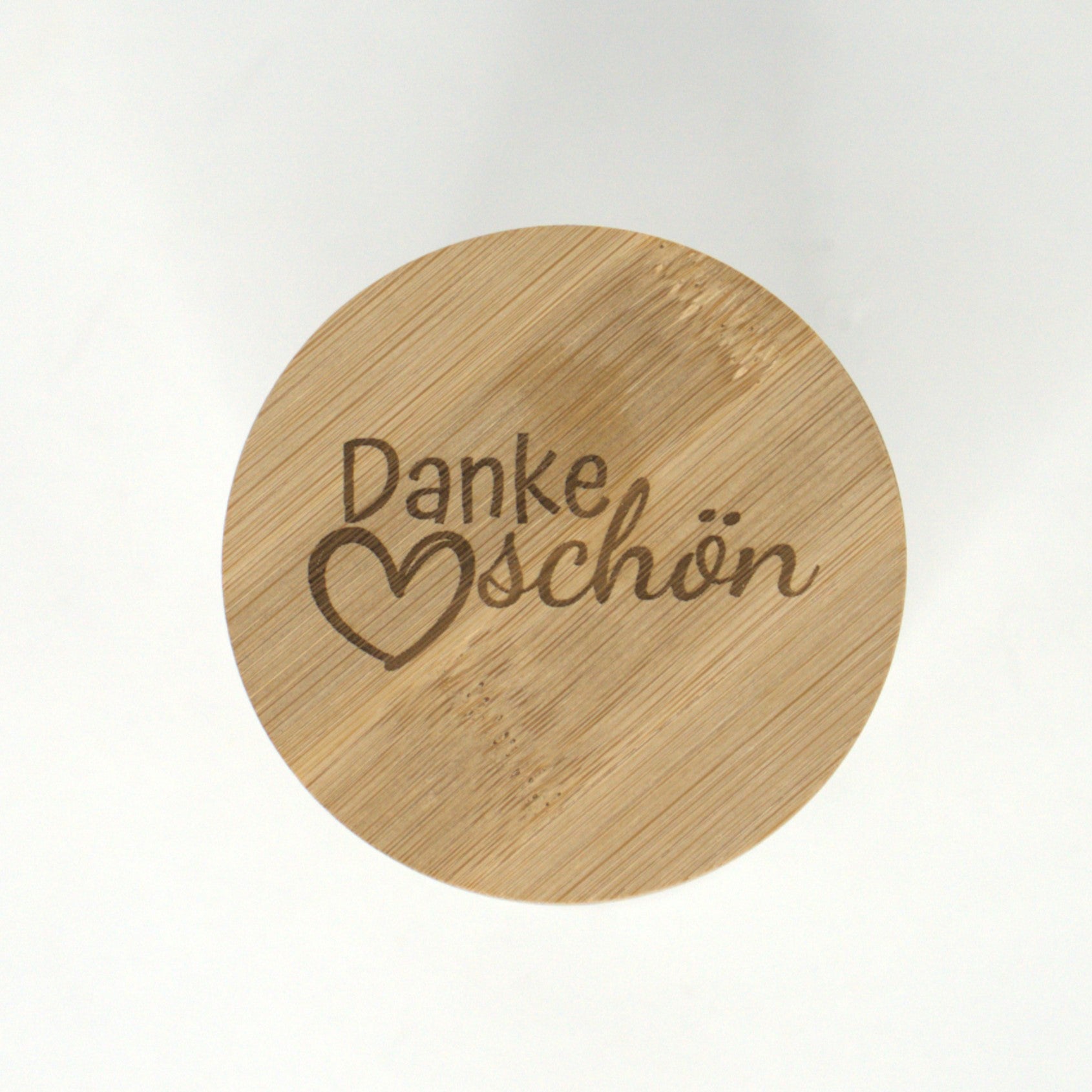 Holzdeckel aus Bambus mit lasergraviertem Wort ‚Dankeschön´