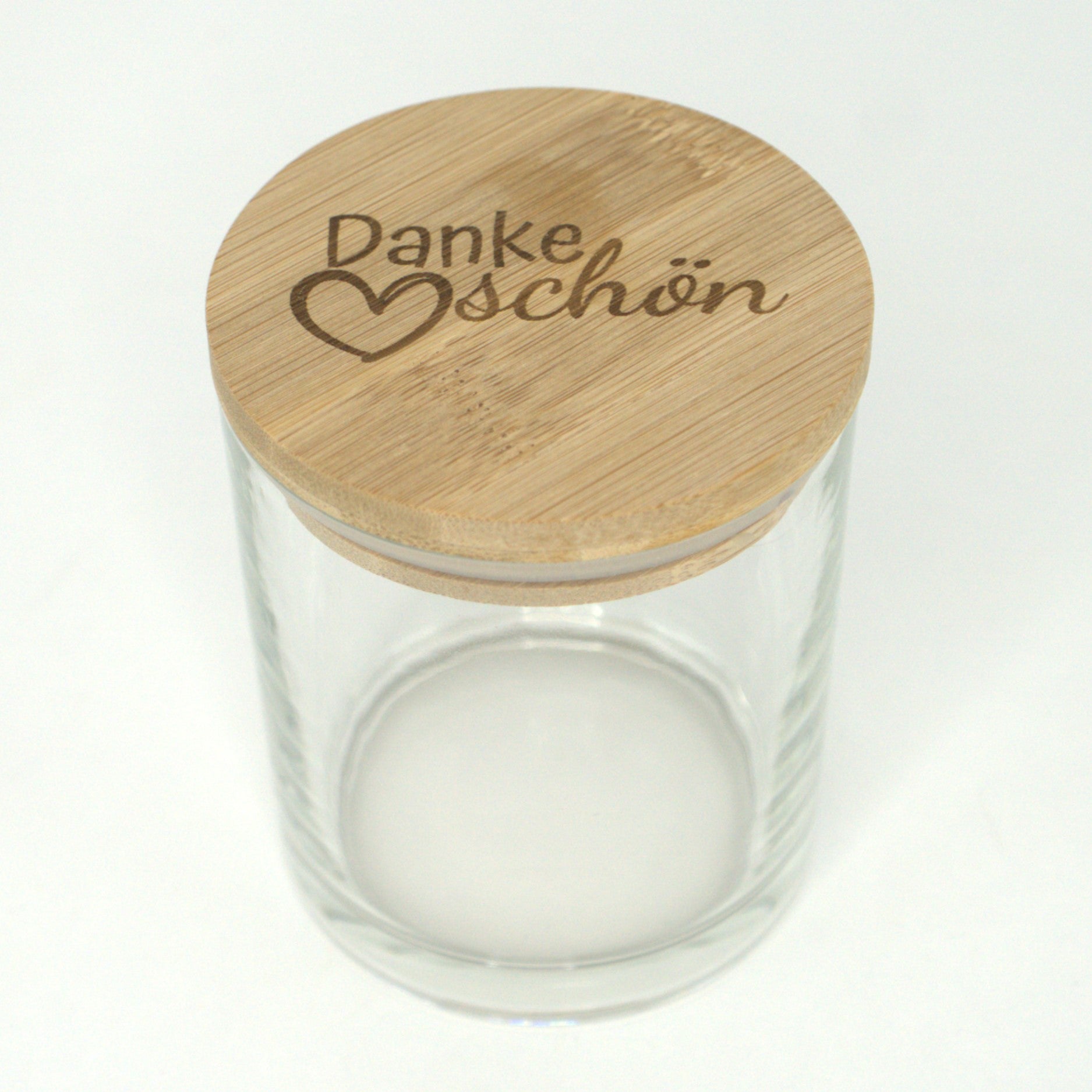 Leeres Vorratsglas mit graviertem Dankeschön-Bambusdeckel