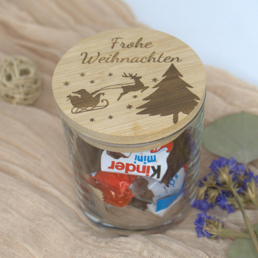 Geschenkglas mit Gravur Frohe Weihnachten, gefüllt mit Süßigkeiten