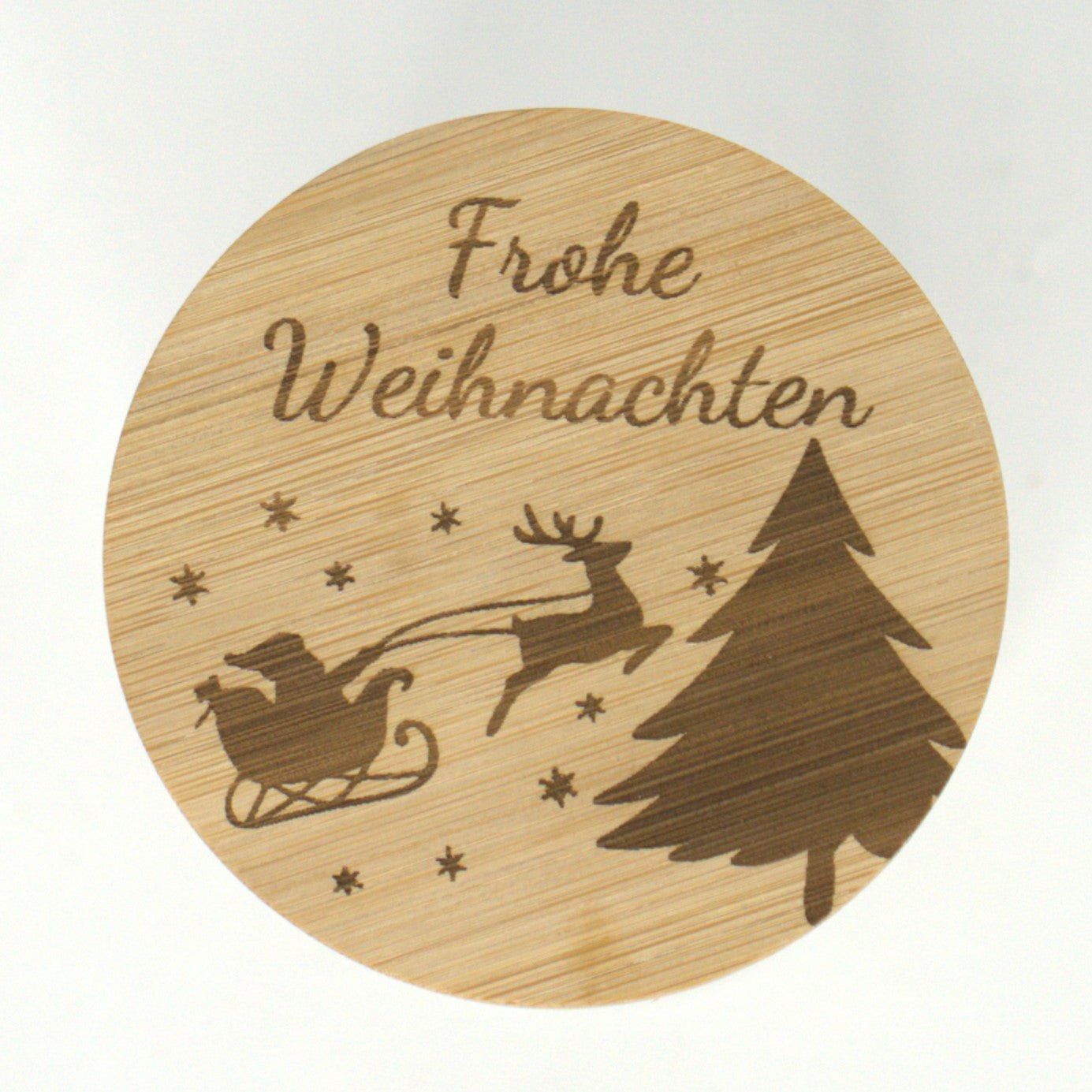 Bambusdeckel für Kerzenglas mit Frohe-Weihnachten-Motiv