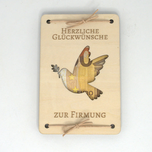 Geldgeschenk zur Firmung aus Holz mit Taubenmotiv und Sichtfenster