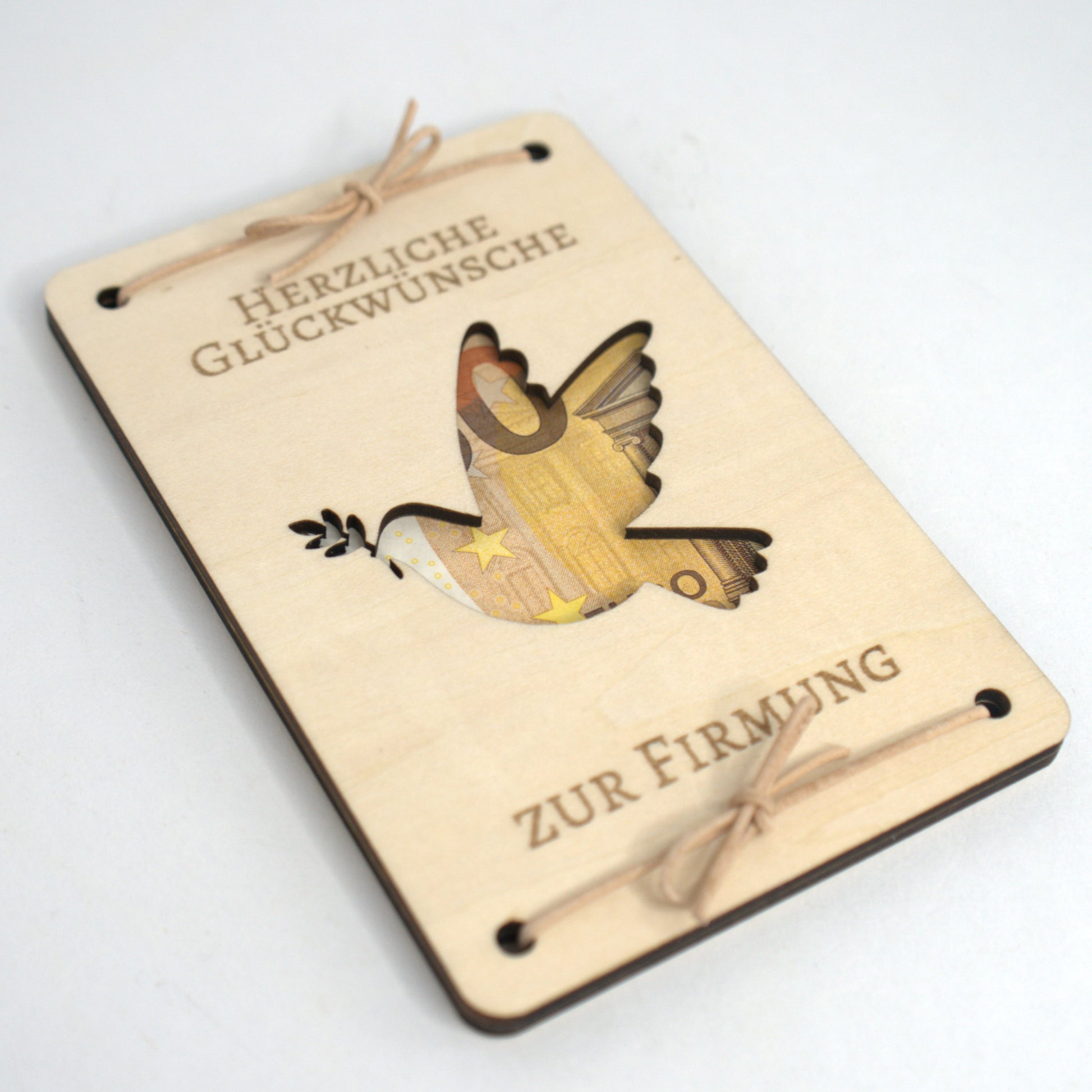 Firmung Geldgeschenk Holzkarte Taube christliches Symbol