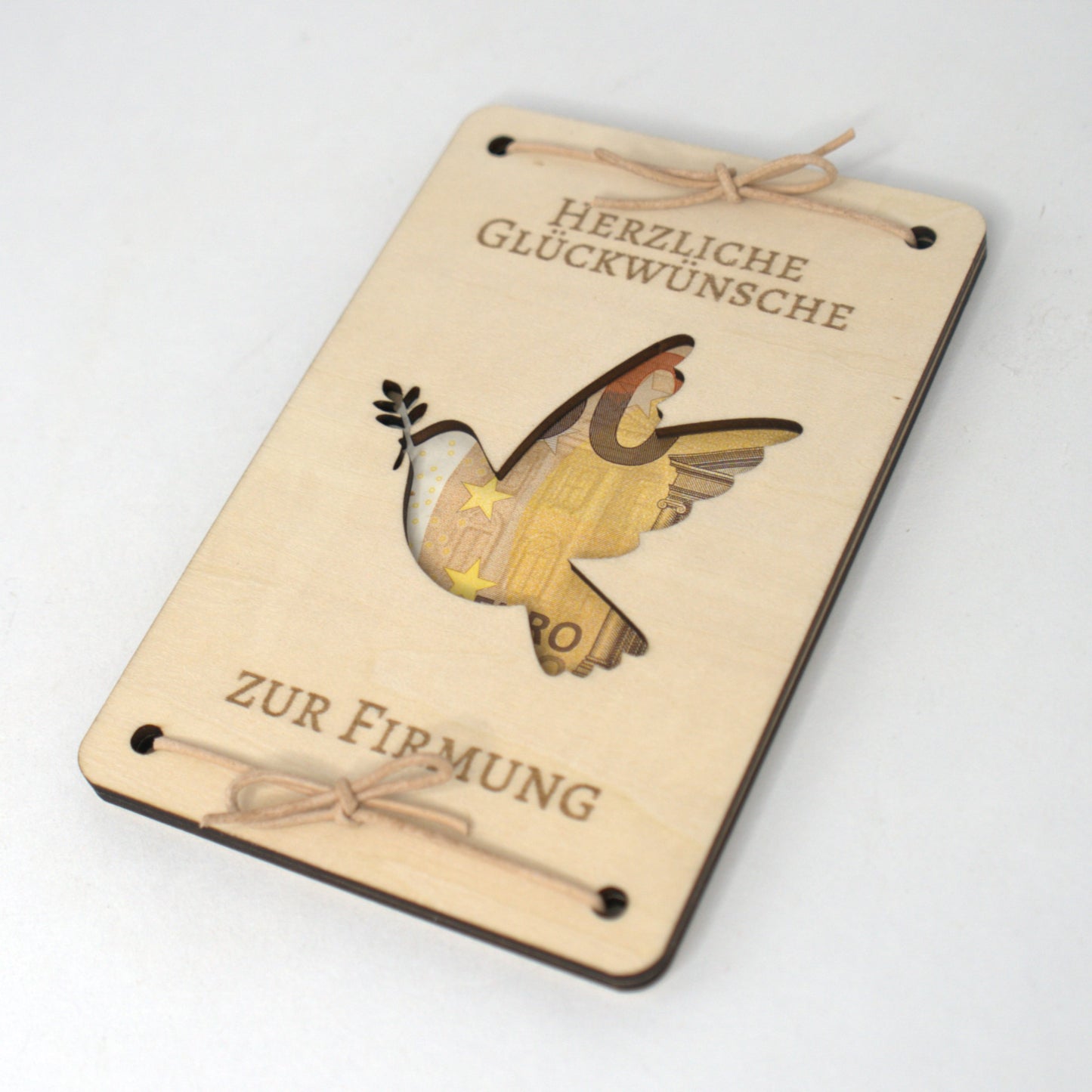 Geldgeschenk Firmung Holz Taube mit Gravur Herzliche Glückwünsche