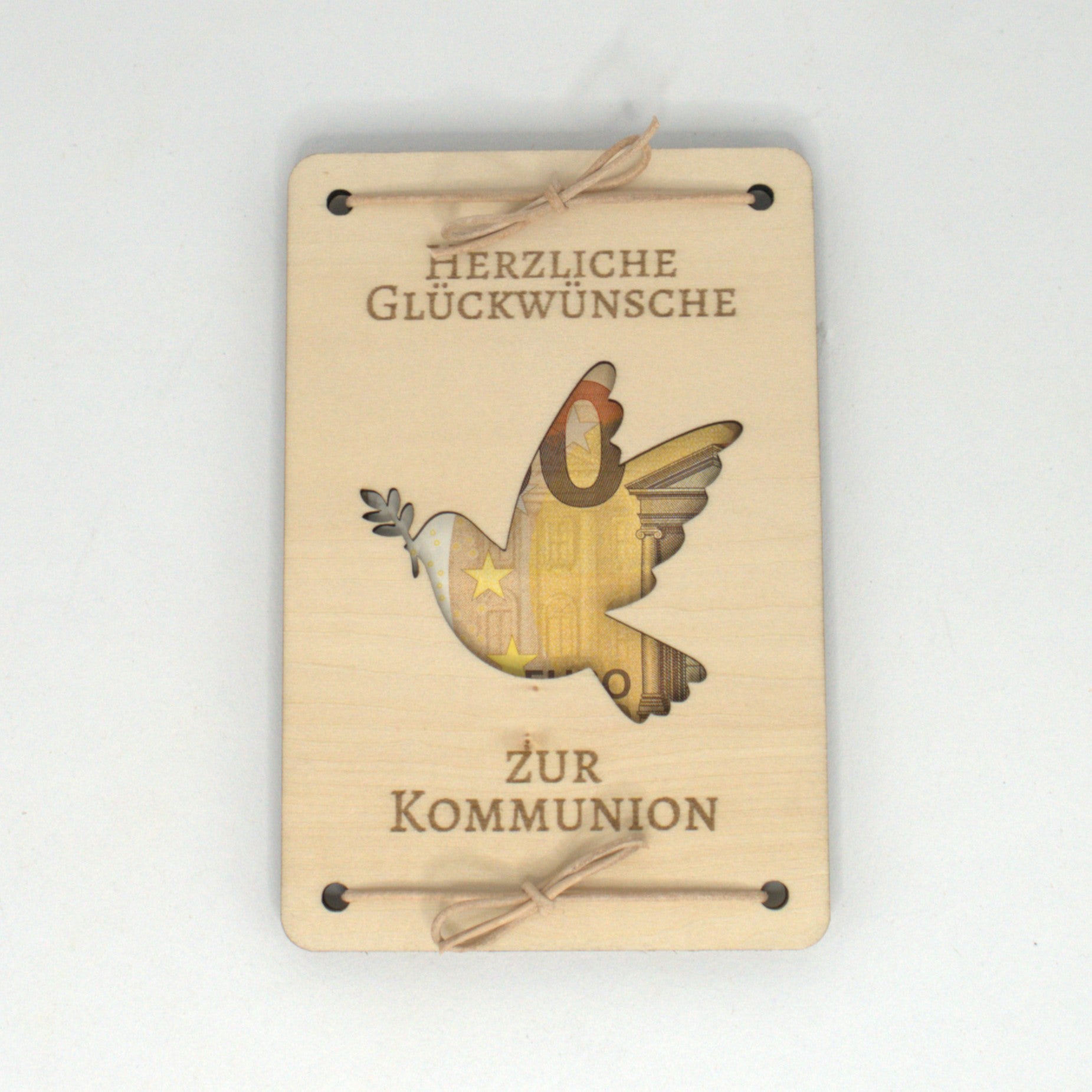 Geldgeschenk zur Kommunion aus Holz mit Taubenmotiv und Sichtfenster
