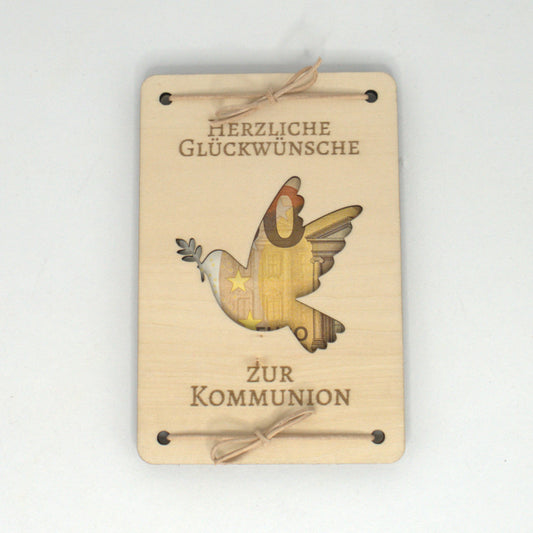 Geldgeschenk zur Kommunion aus Holz mit Taubenmotiv und Sichtfenster