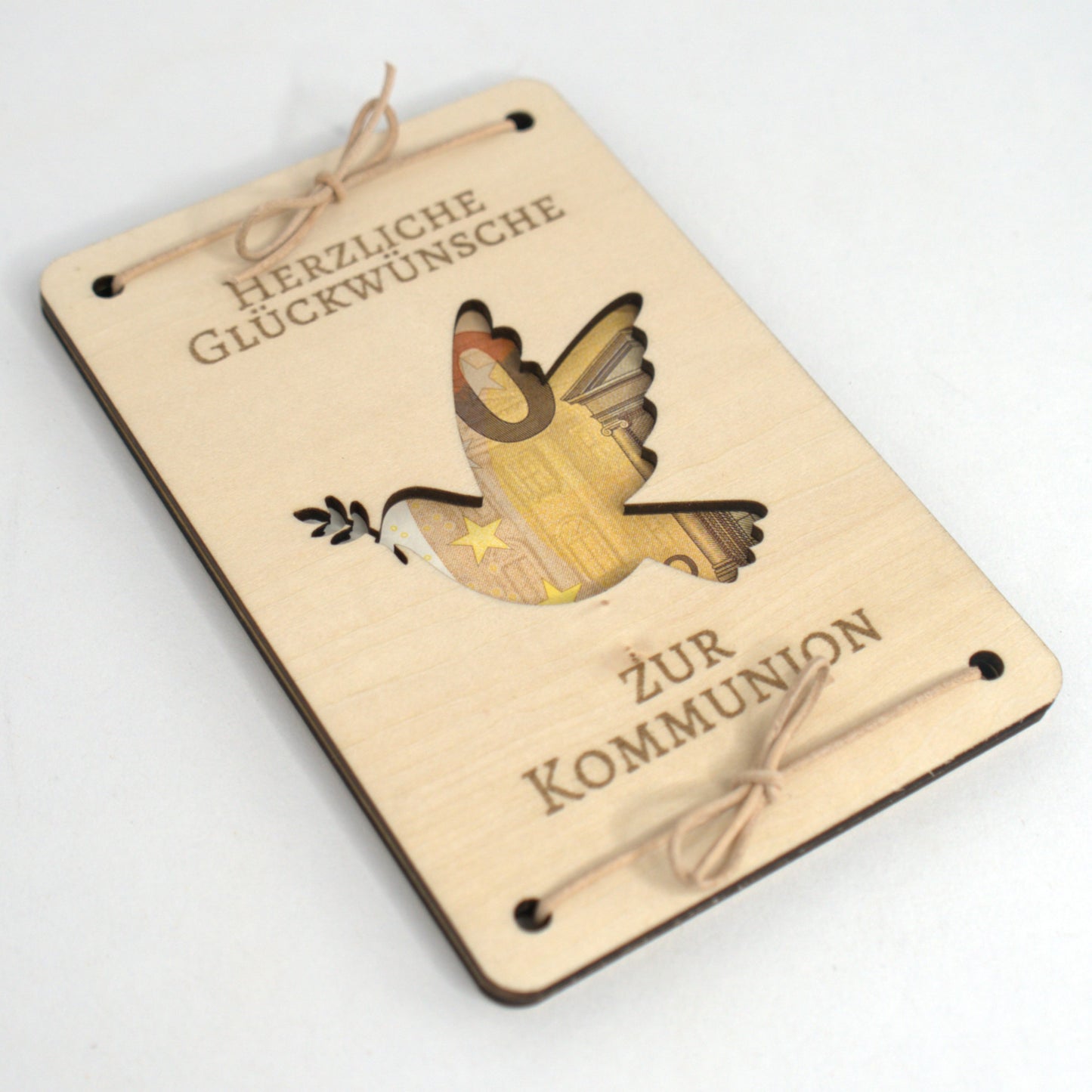 Kommunionsgeschenk Geld Holzkarte Taube christliches Symbol