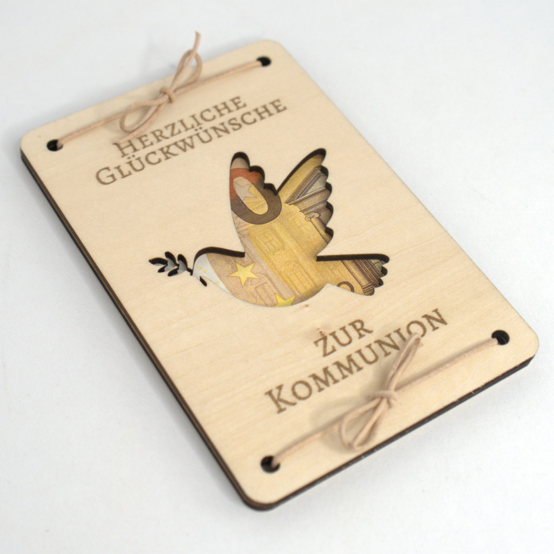 Kommunionsgeschenk Geld Holzkarte Taube christliches Symbol