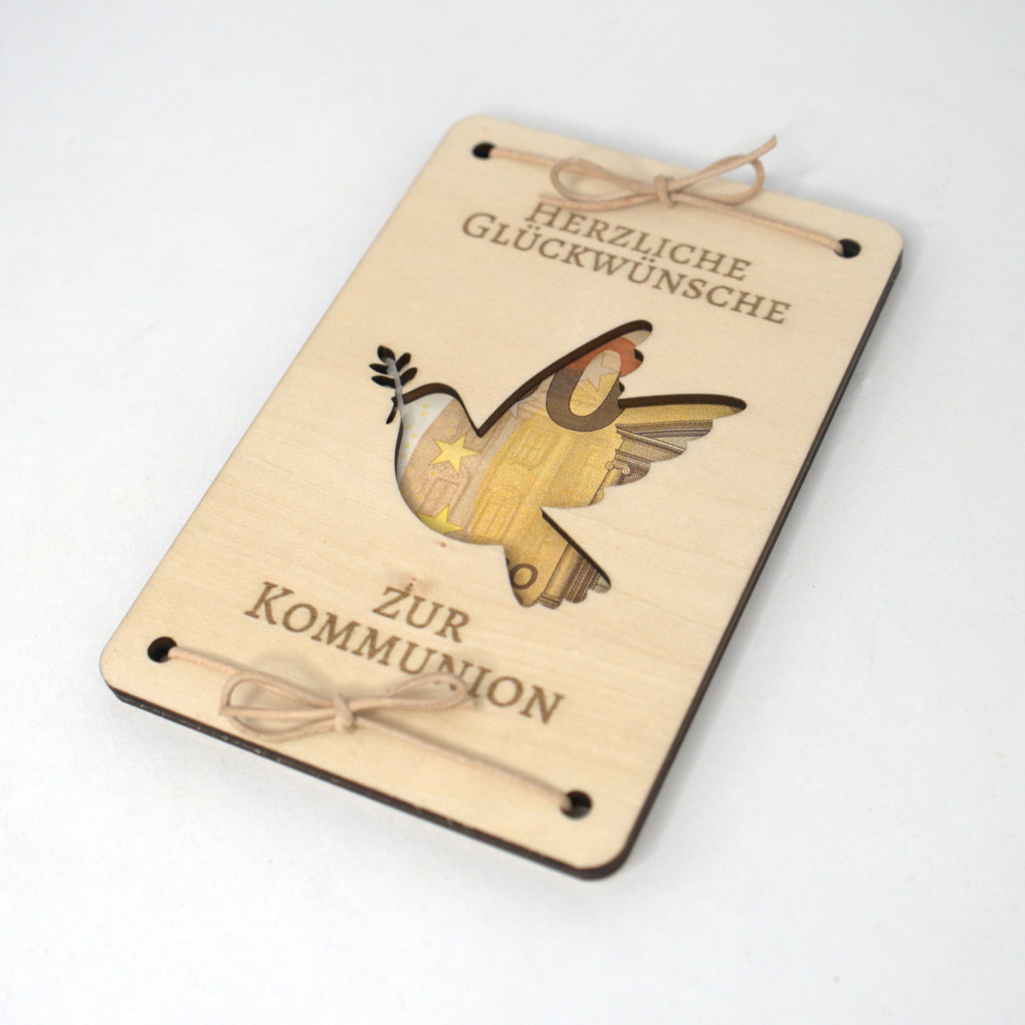 Geldgeschenk Kommunion Holz Taube mit Gravur Herzliche Glückwünsche