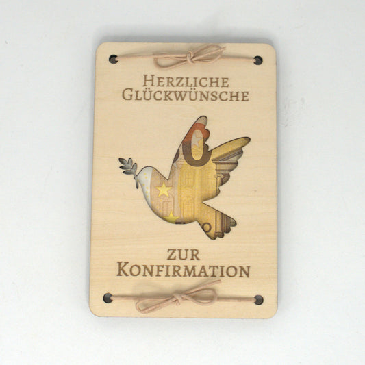 Geldgeschenk zur Konfirmation aus Holz mit Taubenmotiv und Sichtfenster
