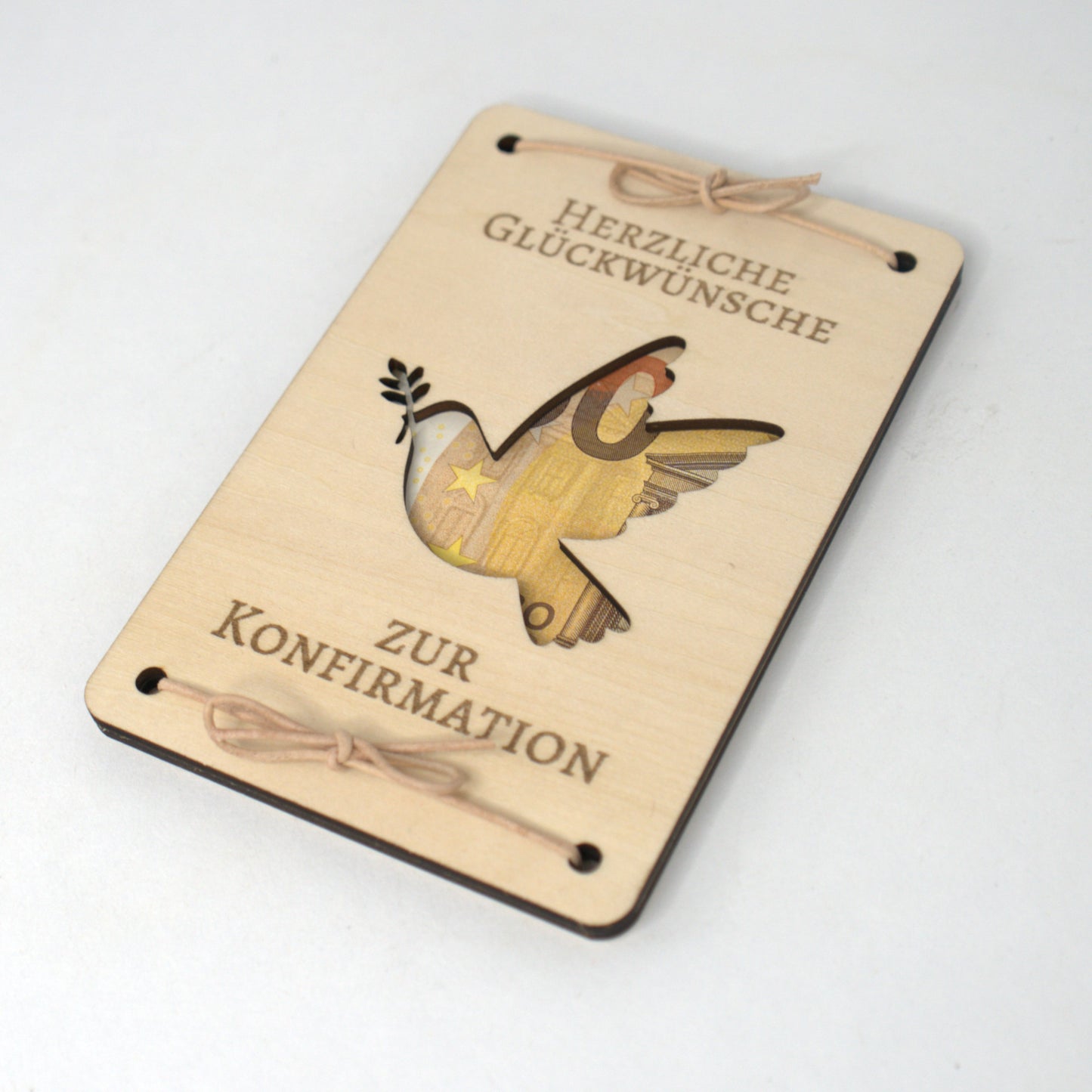 Geldgeschenk Konfirmation Holz Taube mit Gravur Herzliche Glückwünsche
