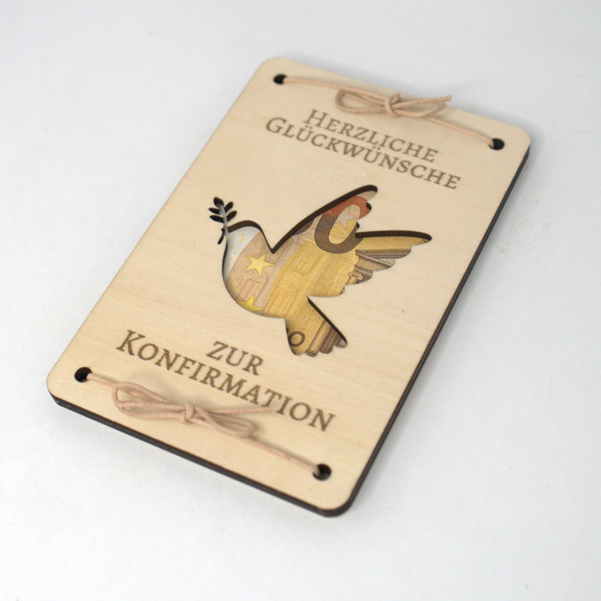 Geldgeschenk Konfirmation Holz Taube mit Gravur Herzliche Glückwünsche