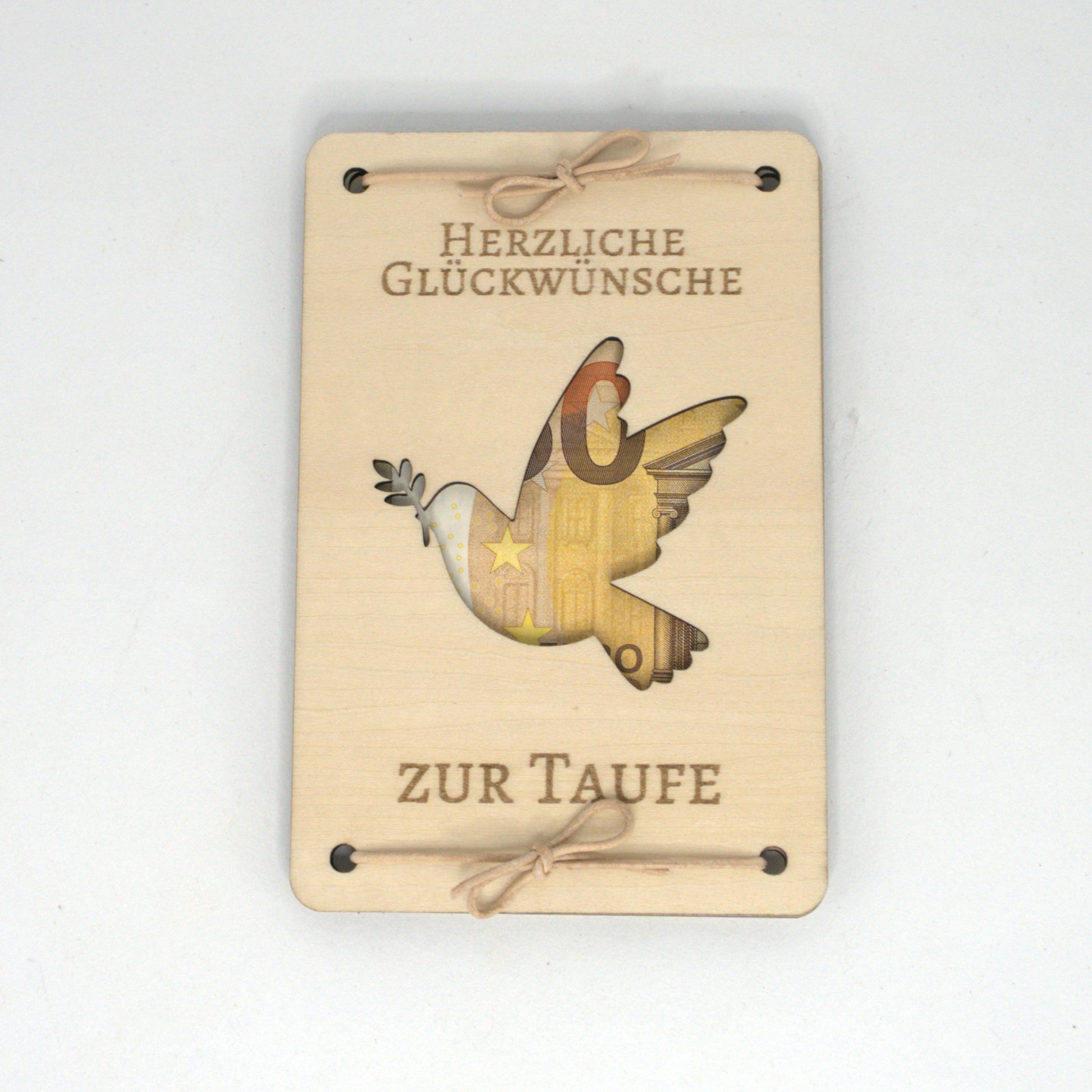 Geldgeschenk zur Taufe aus Holz mit Taubenmotiv und Sichtfenster für Geldschein
