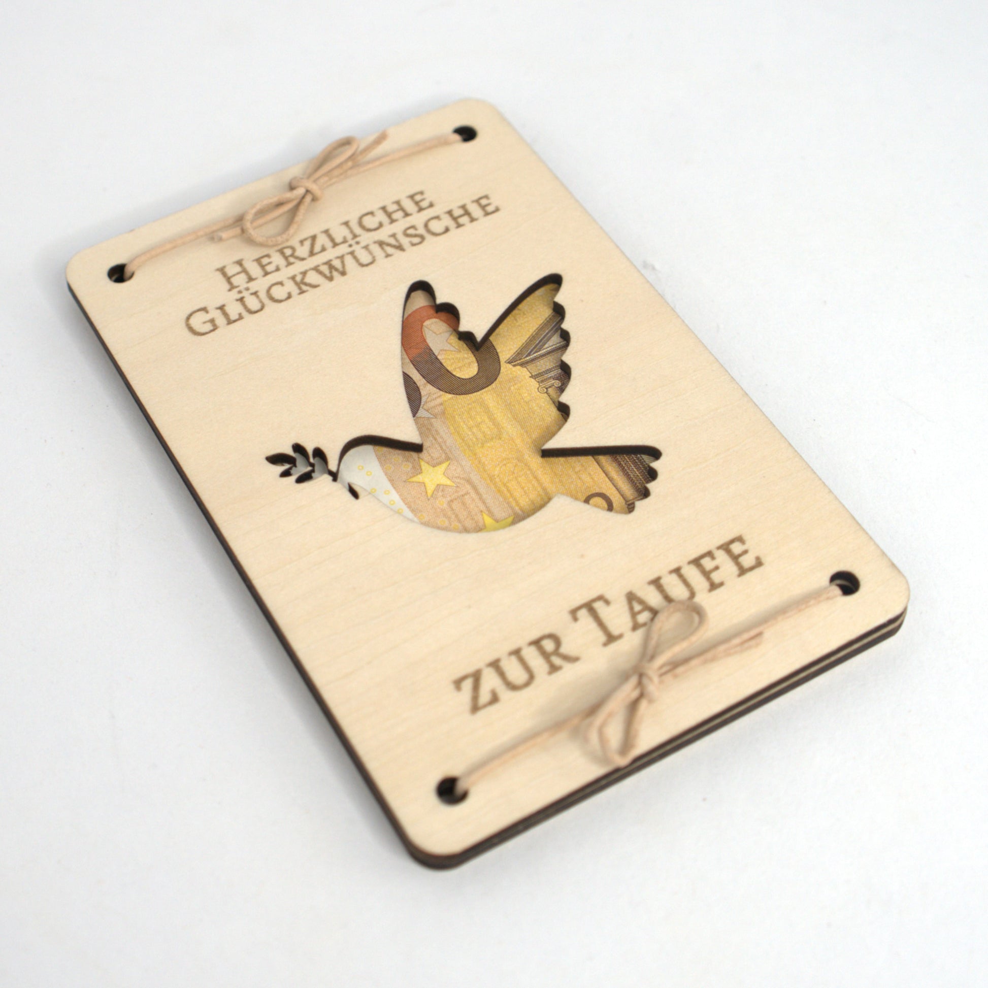 Holz Geldgeschenk Taufe mit Taube und Gravur Herzliche Glückwünsche